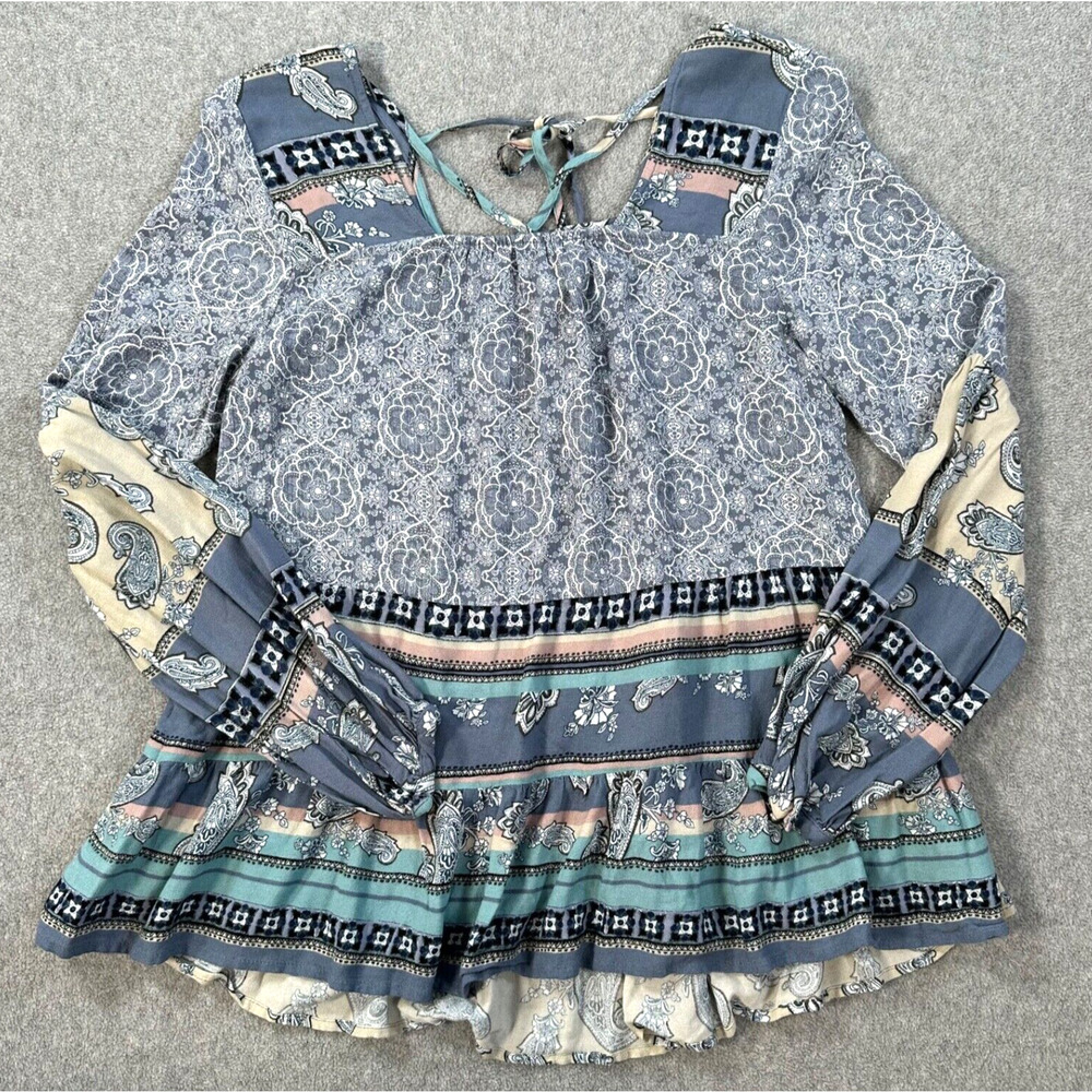 Knox Rose Peasant Blouse Womens Small Blue Mixed Print Long Sleeve Boho Tie Back